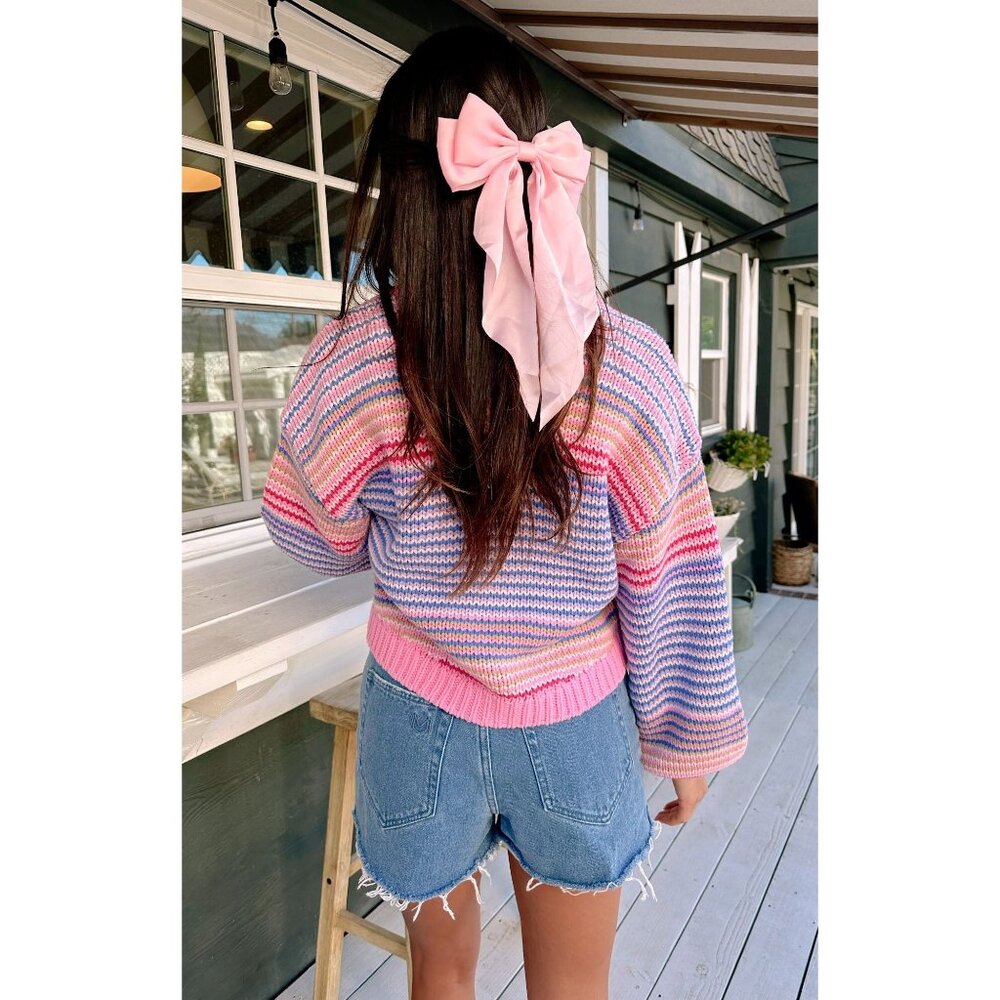Show Me Your Mumu Pink Multi Stripe Cropped Relaxed Fit Button Up Cardigan 90s - Picture 12 of 16